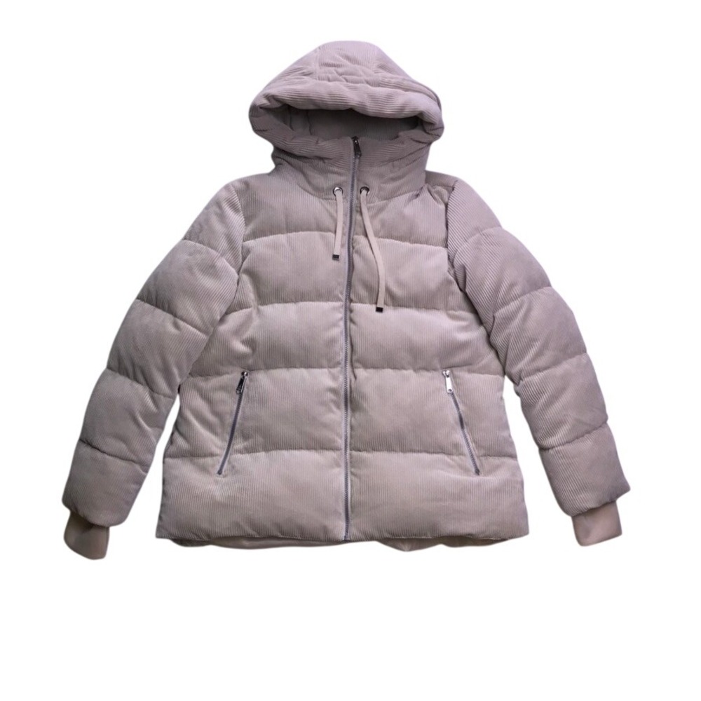 Sam Edelman Puffer Jacket Women Large Cream Corduroy Hooded Outerwear